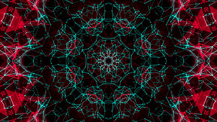 abstract kaleidoscope pattern. red-turquoise shapes background. 3d render illustration.