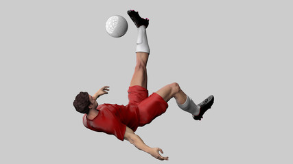 Overhead bicycle kick from soccer player diagonal view isolated 3d render