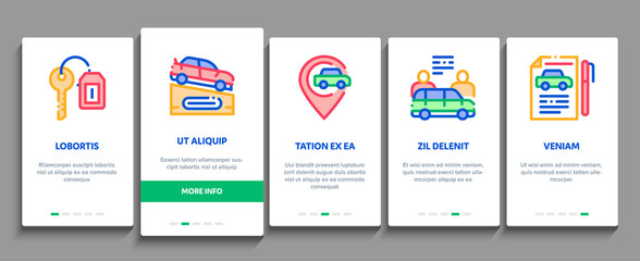 Car Dealership Shop Onboarding Mobile App Page Screen Vector. Car Dealership Agreement And Document, Auto Salon And Building, Key And Gps Mark Concept Linear Pictograms. Color Contour Illustrations