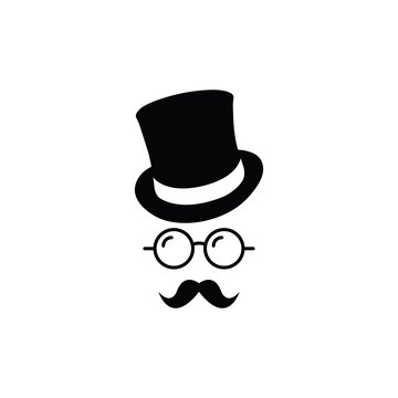 Gentleman icon. Hat. Glasses. Mustache. Vector icon Unknown man with a mustache in the hat, glasses. Inspector or detective icon.