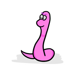 Fototapeta premium Funny pink earthworm character isolated on white background. Comic cartoon doodle drawing illustration.