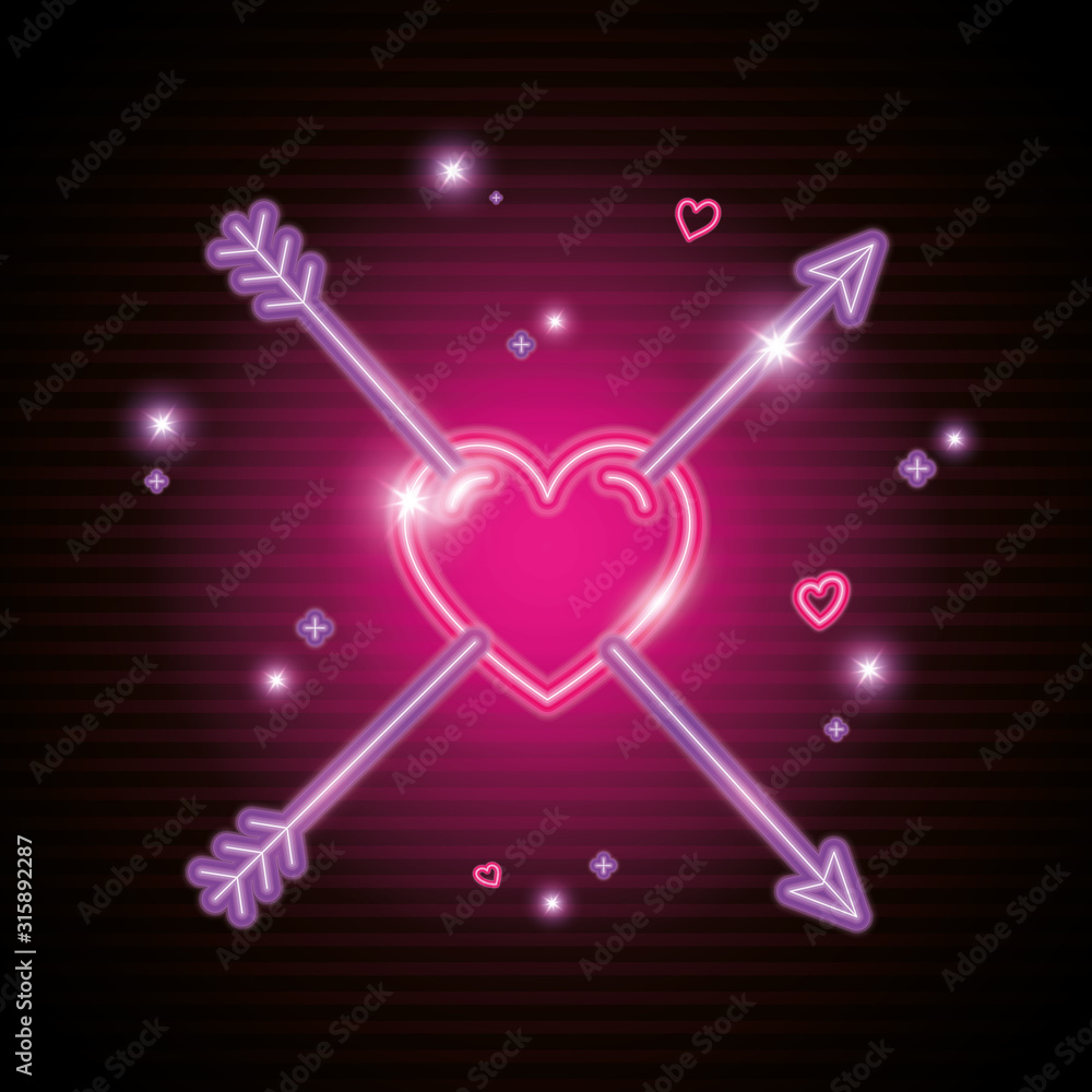 Sticker heart with arrows in neon light, valentine day