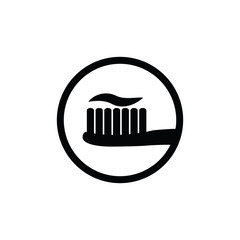 Toothbrush and toothpaste - black vector icon 