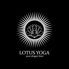 yoga logo design stock. human meditation in lotus flower vector illustration