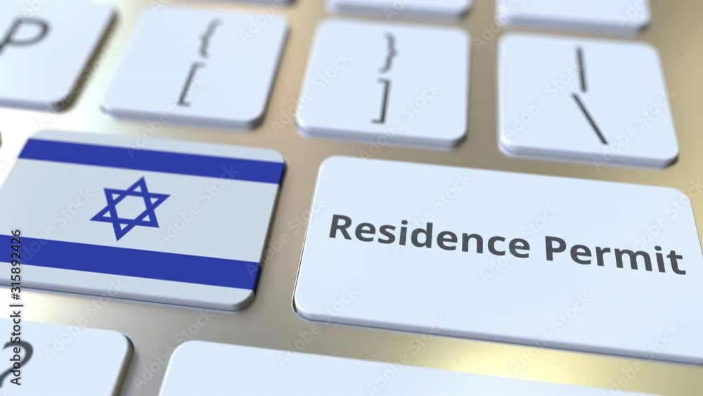 Poster residence permit text and flag of israel on the buttons on the computer keyboard. immigration relate
