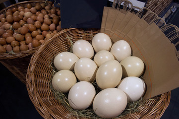 sale of ostrich and chicken farm eggs in the grocery market, Ukraine