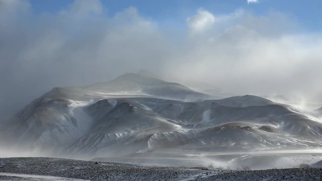 Time-lapse video of blizzard and strong snow windstorm in Altai Kuray mountain range in winter season.