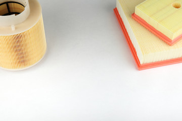 car engine air filters on a white background with copy space