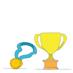 vector, isolated, continuous line drawing gold cup and medal, sketch