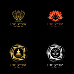 yoga logo design stock. human meditation in lotus flower vector illustration
