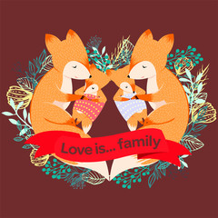 Vector illustration Love is a family. Mom, dad and little foxes are sleeping on the grass. Lying in the shape of a heart. Ideal for greeting cards, wallpaper, gift paper, web, textile, backgrounds.