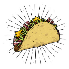 Taco. Traditional Mexican food. Vector illustration isolated on black background.
