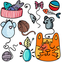 Vector illustration of cute cat accessories. Ideal for paper, gift, textile products.