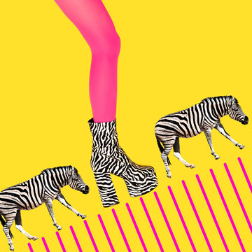 Stylish boots with high heels. Fake Zebra print. Go vegan.  Fashion shoes concept