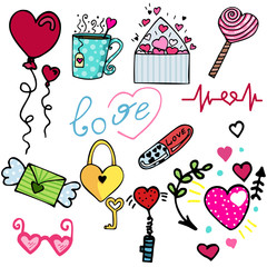 Vector illustration for valentines day. Cute elements hearts, balls, locks, keys, lettering love. Ideal for gift and paper products.
