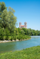 little isle Weideninsel, Isar river Munich, view to Saint Maximilian church