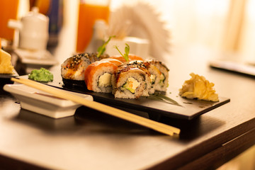 Japanese sushi with soy sauce and wasabi