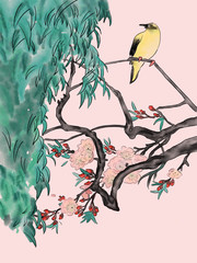 Hand-drawn watercolor drawing of yellow bird on the branch