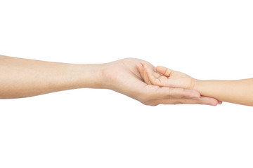 The father's hand held his daughter's hand, showing the warmth of the family. on white background