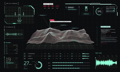 Control center 3D terrain drone surveillance, game/screen/movie interface