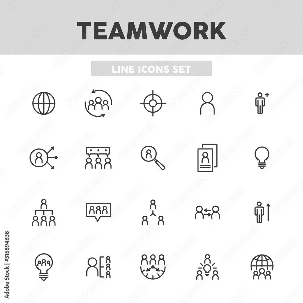 Poster teamwork simple set line icons. concept of cooperating, working in team. vector illustration symbol 