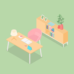 Isometric office on white. Vector illustration in flat design, isolated.