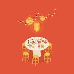 Colorful warm isometric asian restaurant in red. Vector illustration in flat design, isolated.