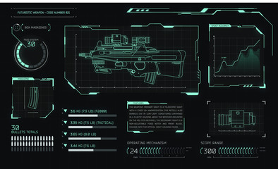 Game interface with futuristic weapon and graphs