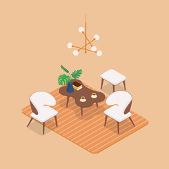 Modern isometric lobby in beige. Vector illustration in flat design, isolated.