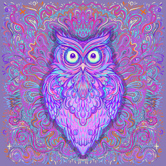 Cute abstract owl and psychedelic ornate pattern. Character tattoo design for pet lovers, artwork for print, textiles. Detailed vector illustration. Totem animal.