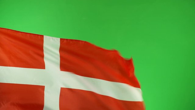 Denmark Flag flying in front of Green Screen Chroma key - Danish flag on Green Background