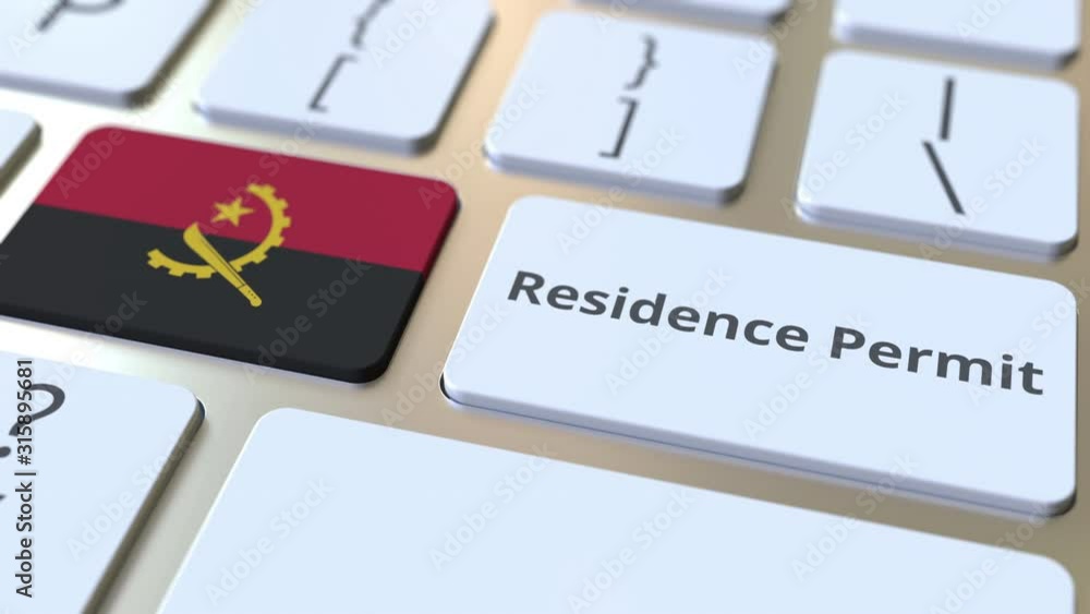 Poster residence permit text and flag of angola on the buttons on the computer keyboard. immigration relate