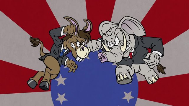 Cartoon Democrat Donkey vs Republican Elephant