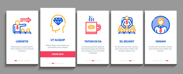 Boss Leader Company Onboarding Mobile App Page Screen Vector. Boss On Tablet And Cup With Crown, Meeting And Presentation, Fired And Document Concept Linear Pictograms. Color Contour Illustrations