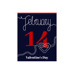 Calendar sheet, vector illustration on the theme of Valentine's Day on February 14th. Decorated with a handwritten inscription - FEBRUARY and stylized linear heart.