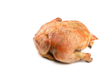 whole roasted chicken on a white background with copy space.