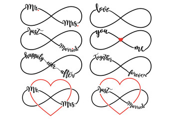 Wedding letterings with infinity sign, vector set