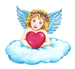Angel of love holding a red heart. Valentines day design. Cute little girl, cupid character sitting on a blue cloud. Hand painted, watercolor illustration isolated on white background. 