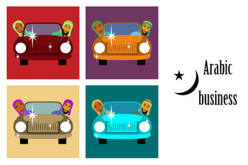 assembly of flat icons on theme Arabic business muslim in the car