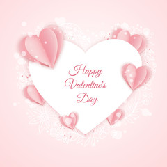 Happy valentine s day card template with paper pink and heart shaped