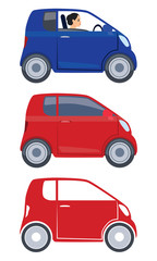 The car is a blue and red hatchback. The icon of the car. The girl behind the wheel of a car. Vector illustration isolated on white background for design and web in simple style and cartoon style.