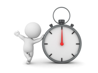3D Character leaning on chronometer stopwatch
