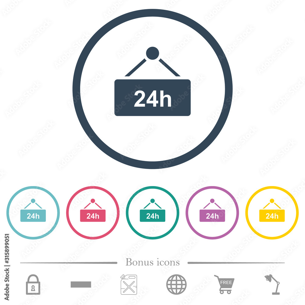 Poster hanging table with 24 hours flat color icons in round outlines