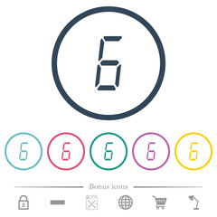 digital number six of seven segment type flat color icons in round outlines