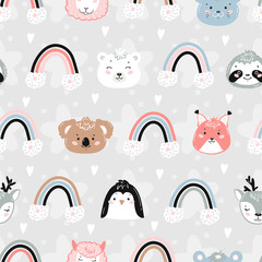 Vector Background for Kids with Cute Wild Animals and Pets. Seamless Childish Pattern with Doodle Cartoon Kawaii Animal Faces and Rainbows, Clouds. Scandinavian Print Design Texture Wallpaper