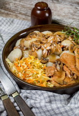 Stewed pork chop in a bright mushroom sauce.