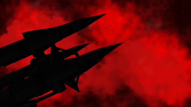 3d rendering silhouette of ground-air ballistic missiles launchs a missiles on a red background. The Cold War period concept.