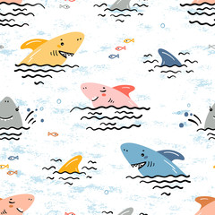Kleurrijke Cartoon zomer zee achtergrond voor kinderen. Vector naadloos kinderachtig patroon met doodle schattige haai lachende karakters en haaienvinnen, zeegolven