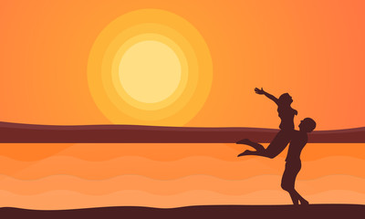 Happy Valentine's day illustration. A couple of lovers hugging on the beach with sunset background - Holiday flat vector.