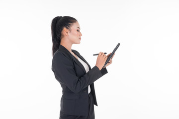 An attractive woman wearing business attire holding a tablet with various poses isolated on white background. Suitable for image cut out and manipulation works for technology,business or finance theme